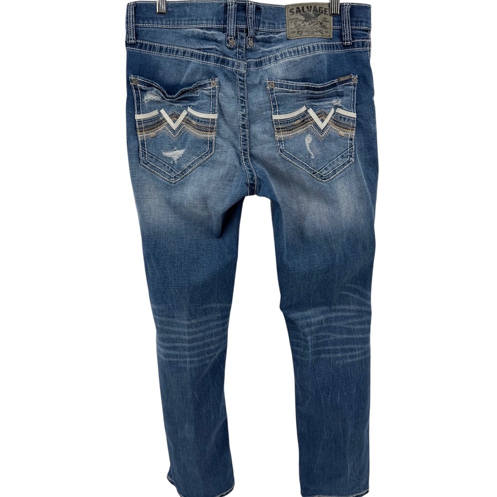 Salvage Havoc Straight Slim Fit Jeans Mens 35 x 31 Blue Distressed Buckle